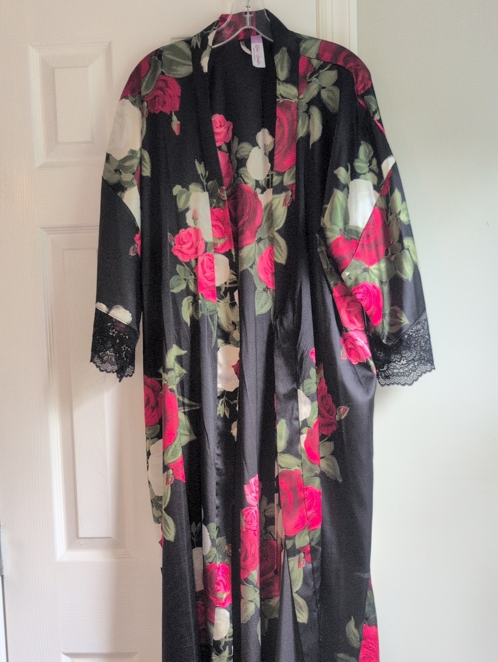 Black Floral Satin Long Robe with Pink Rose Print and Lace Trim